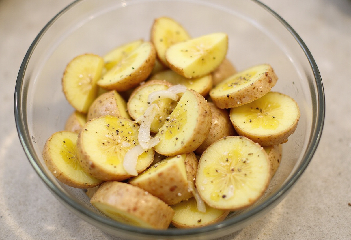 Patatas y cebolla mezcladas con aceite para preparar tortilla de patatas en freidora de aire