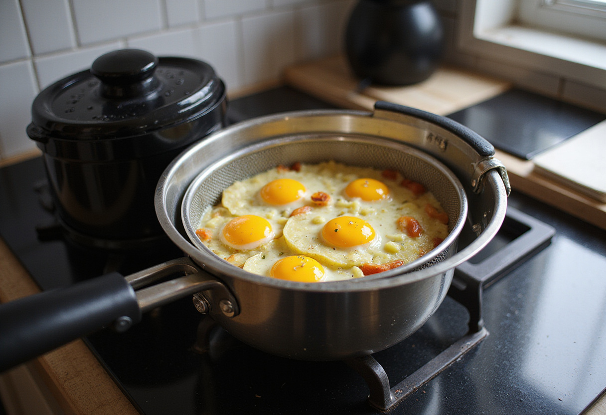 Mezcla de tortilla de patatas en freidora de aire lista en la cesta de la freidora