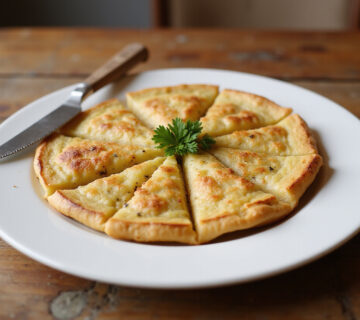 Tortilla de patatas receta para 2 servida en plato con perejil y cortada en porciones