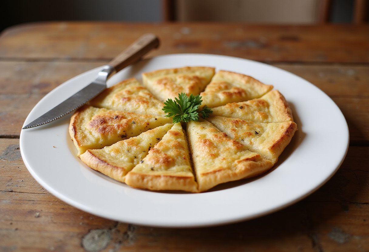 Tortilla de patatas receta para 2 servida en plato con perejil y cortada en porciones