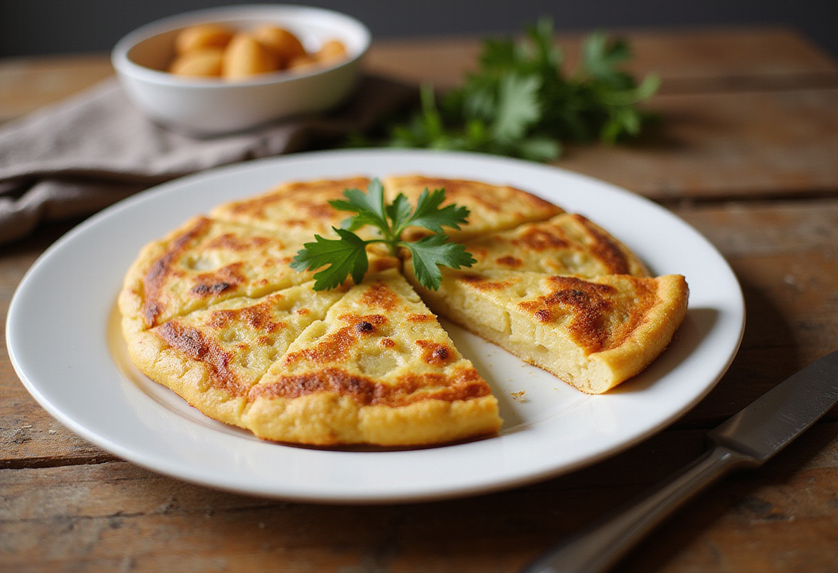 Tortilla de patatas receta para 2 servida en plato con perejil y cortada en porciones