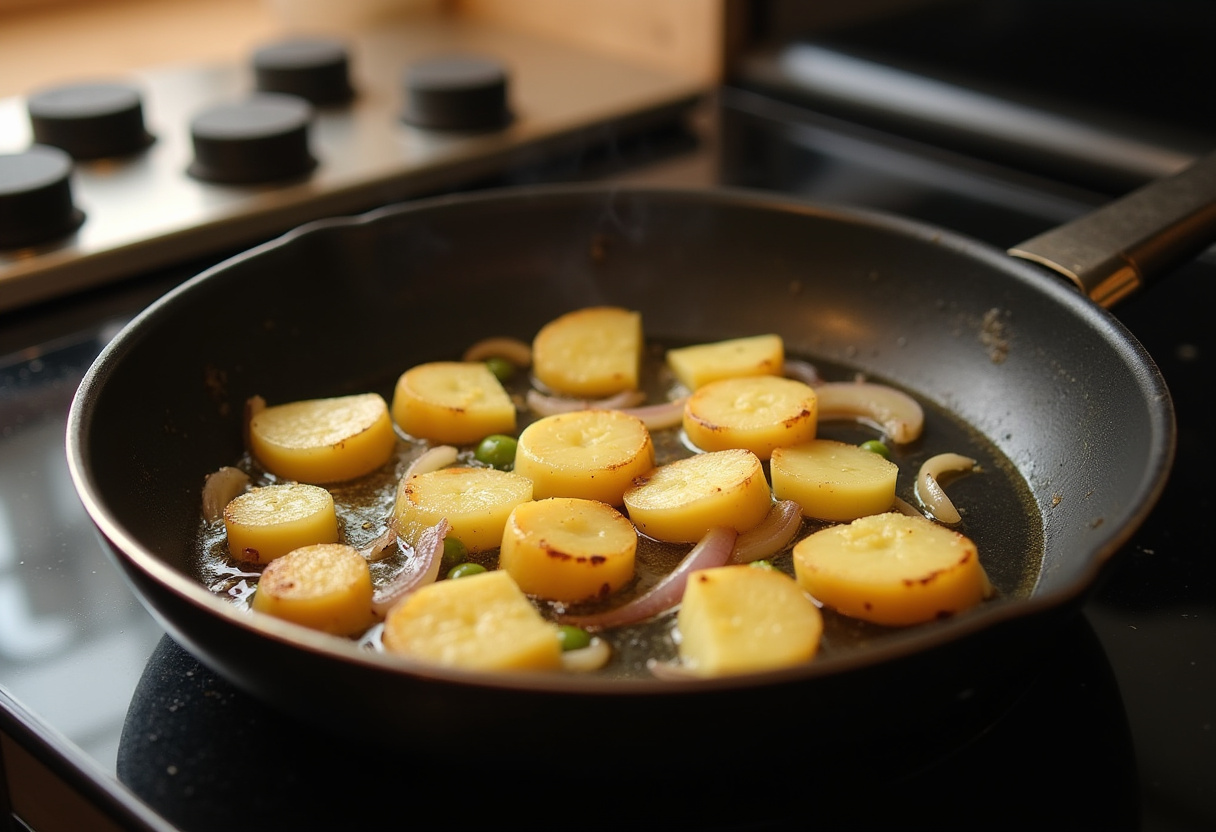 Papas y cebolla dorándose en aceite de oliva para tortilla de patatas receta para 2