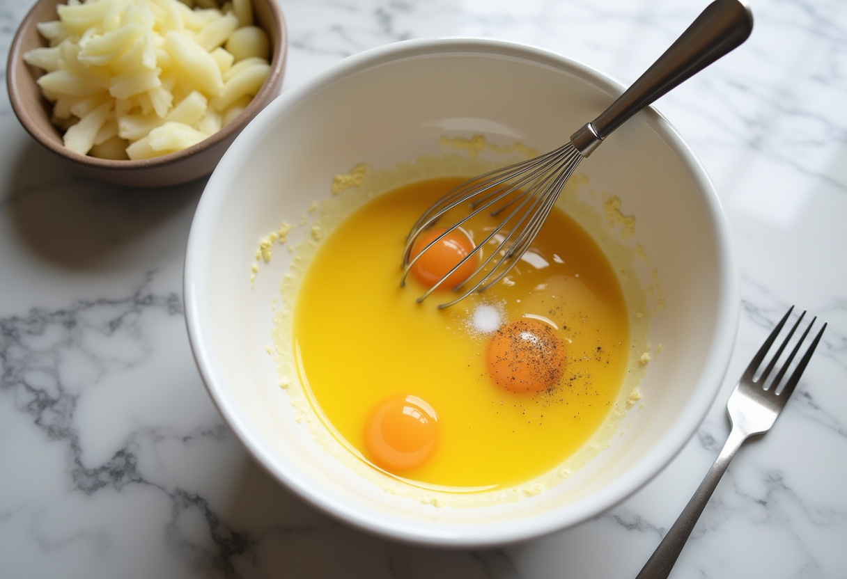 Huevos batidos mezclados con sal y pimienta listos para tortilla de patatas receta para 2