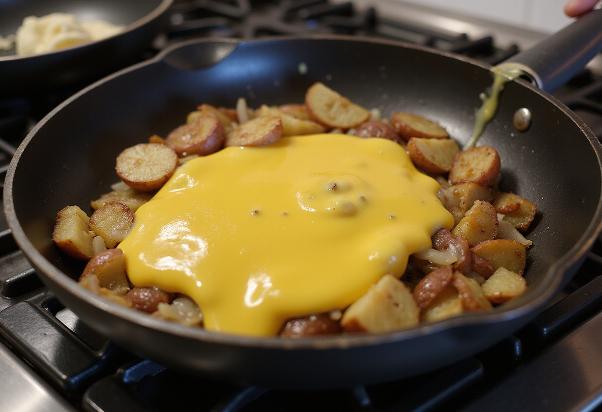 Cocción de tortilla de patatas receta para 2 con mezcla de huevo y papas en sartén