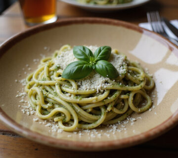 Espaguetis al pesto servidos con albahaca y queso parmesano en un plato rústico.