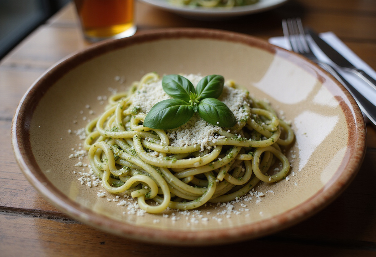 Espaguetis al pesto servidos con albahaca y queso parmesano en un plato rústico.