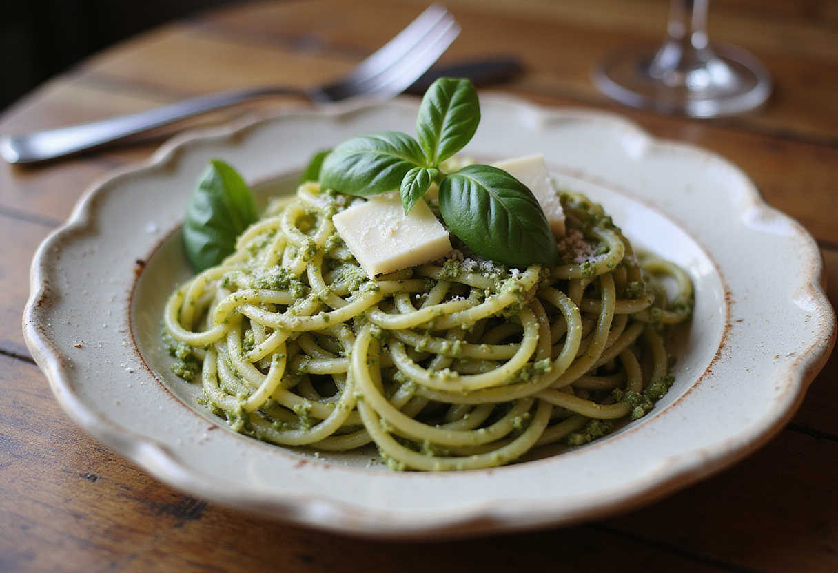 Espaguetis al pesto servidos con albahaca y queso parmesano en un plato rústico.