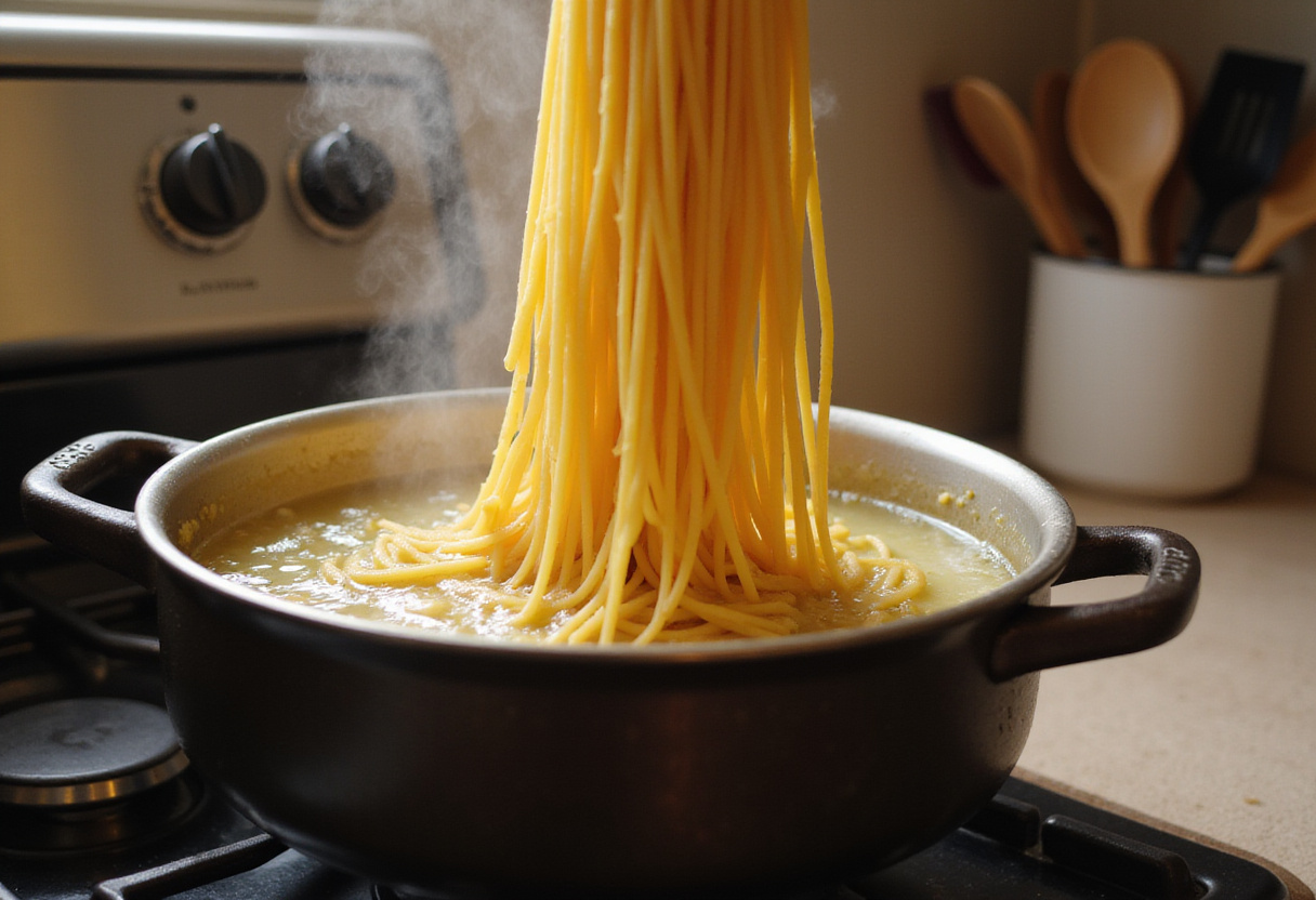 Espaguetis al pesto: cocinando espaguetis en agua hirviendo en la cocina.