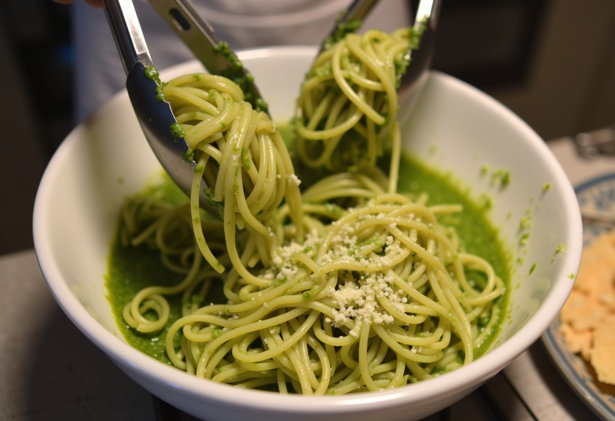 Mezclando los espaguetis con salsa pesto casera para espaguetis al pesto.