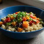 Cena saludable lista con verduras y quinoa, ideal para la hora de la cena.