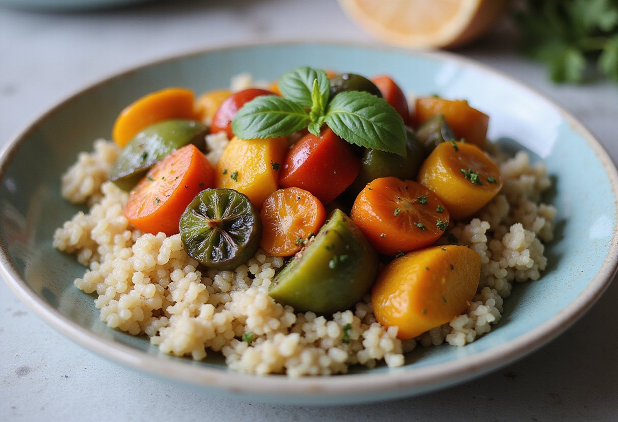 Cena saludable lista con verduras y quinoa, ideal para la hora de la cena.