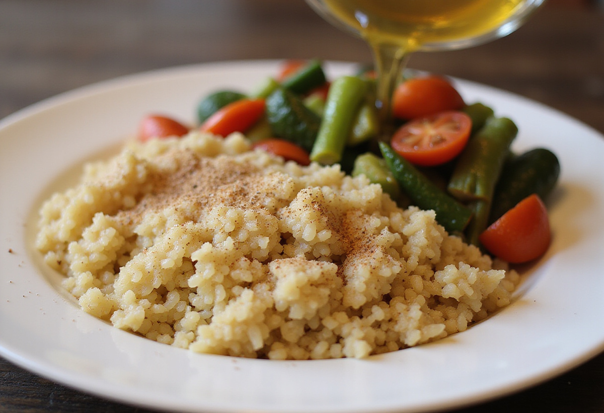 Quinoa cocida como base en una receta de cenas sanas y rápidas.