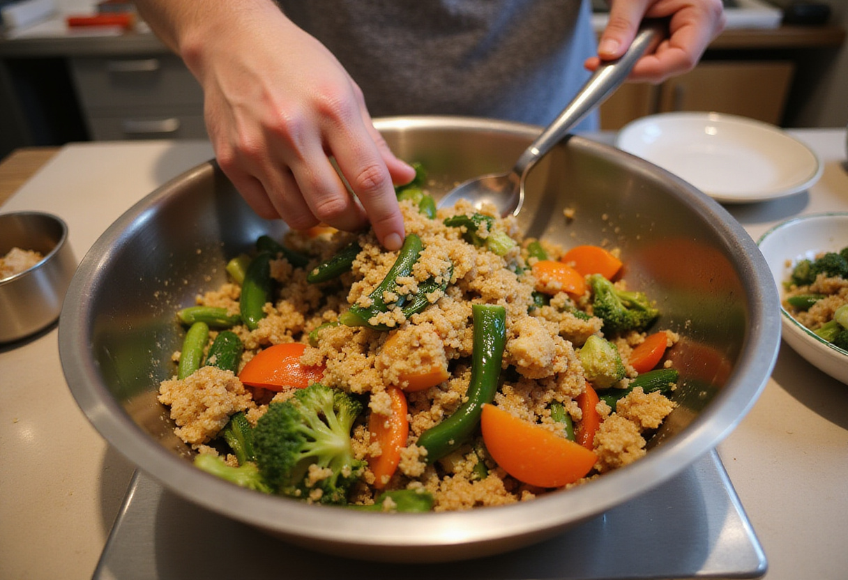 Mezcla de verduras salteadas y quinoa en una receta de cenas de verduras saludables.