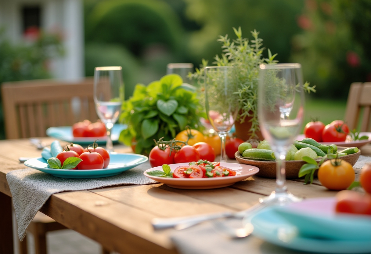 Preparación de recetas para cenas de verano con ingredientes frescos en una mesa de comedor al aire libre.