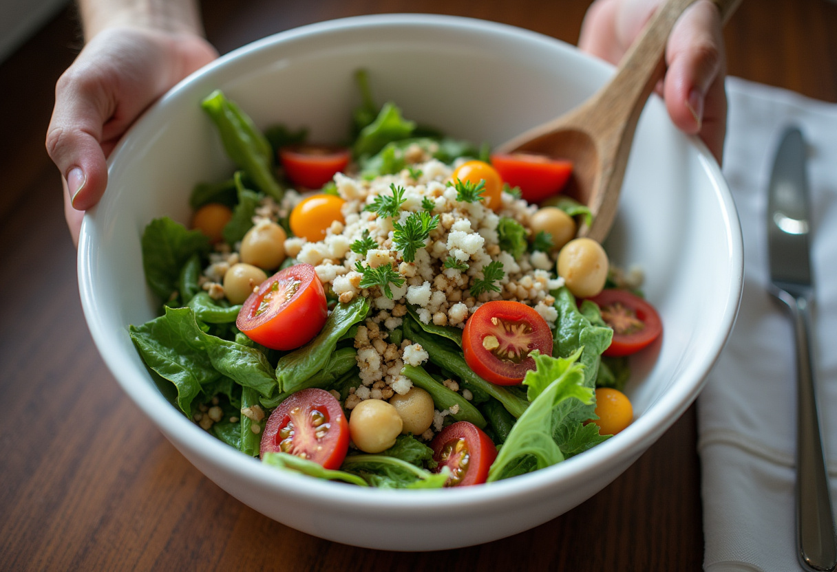 Ensalada fresca y colorida preparada con recetas para cenas de verano.