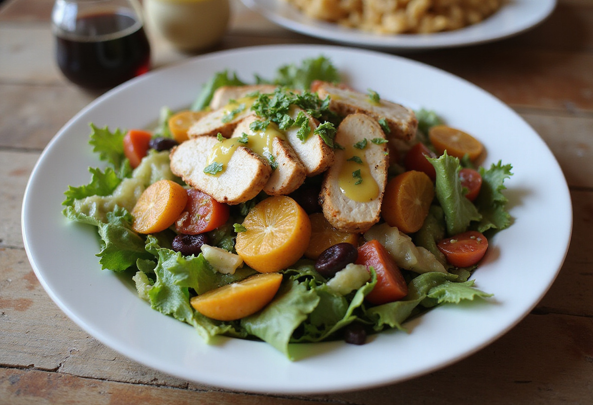 Ensalada mixta colorida con pollo a la parrilla, ideal para bajar de peso y disfrutar de comidas saludables.