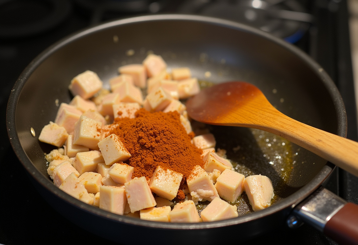 Pollo picado cocinándose en la sartén para recetas rápidas y saludables para bajar de peso.