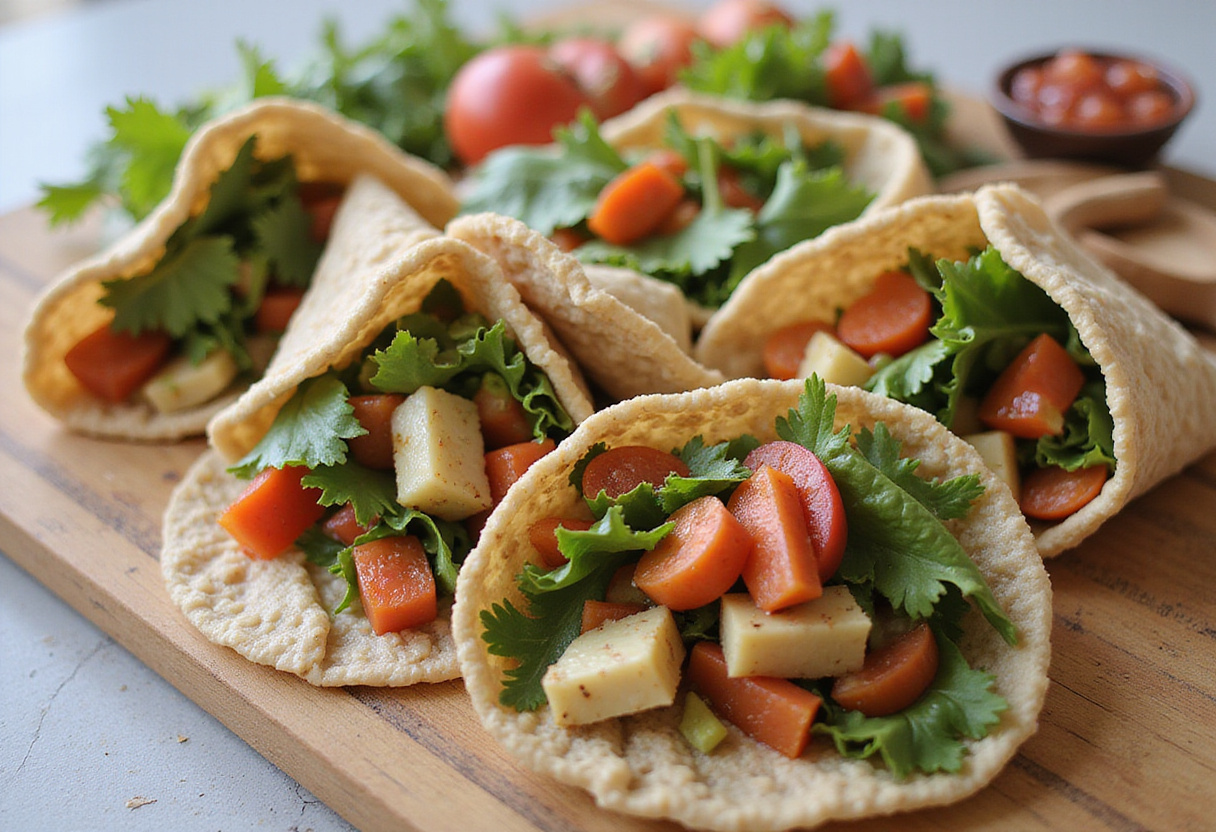 Wraps de granos enteros preparados con verduras y proteína magra para comidas fáciles y saludables.