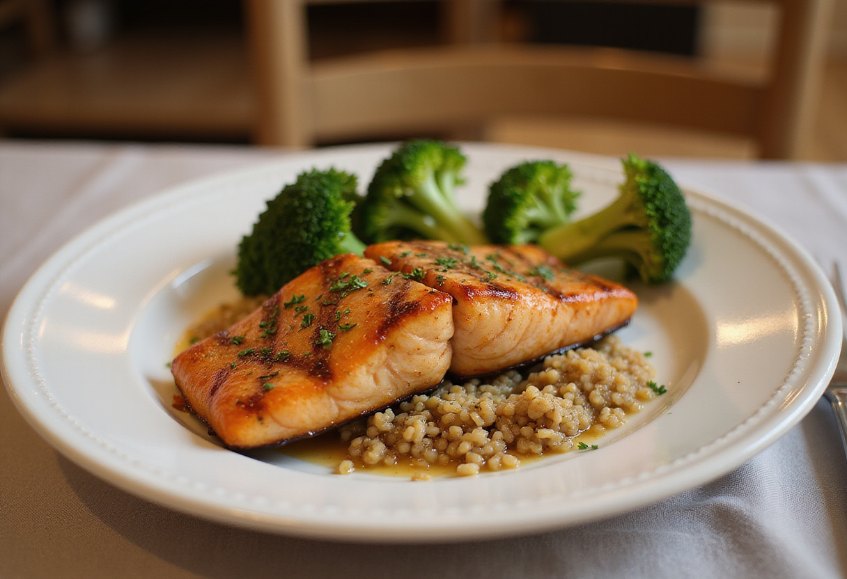 Cena saludable de salmón a la parrilla con brócoli al vapor y quinoa.