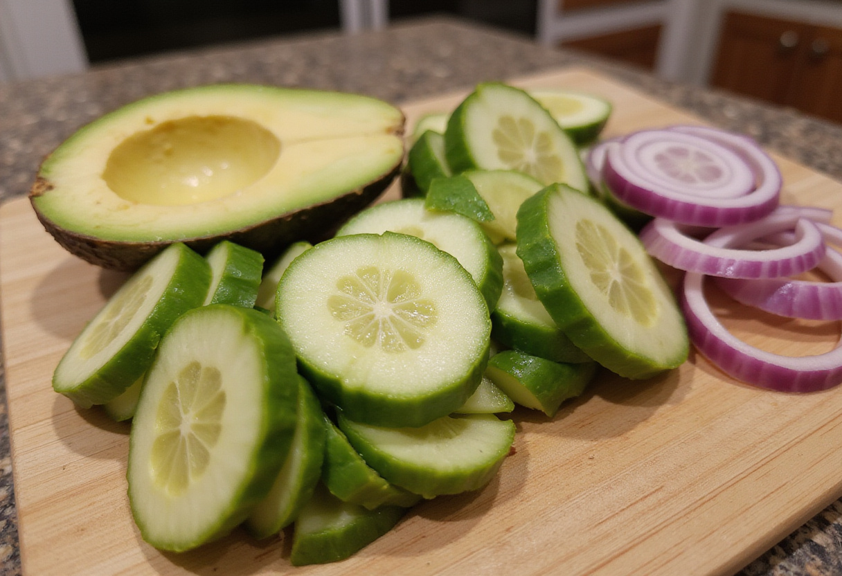 Ingredientes frescos como pepinos, cebolla morada y aguacate preparados para el aguachile verde.