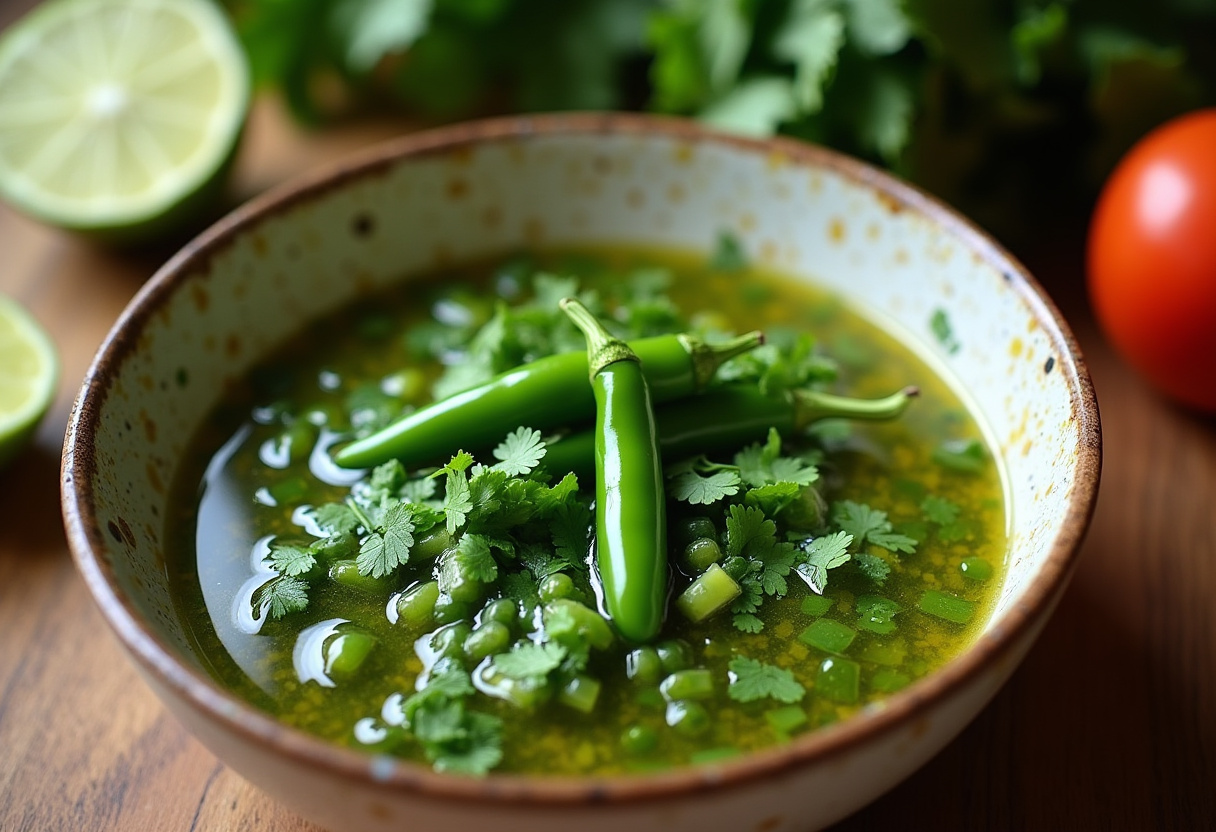 Mezclando jugo de lima, cilantro y chile para el aderezo del aguachile verde.