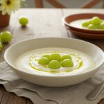 Delicious finished ajo blanco soup with grapes, perfect for a Spanish appetizer.