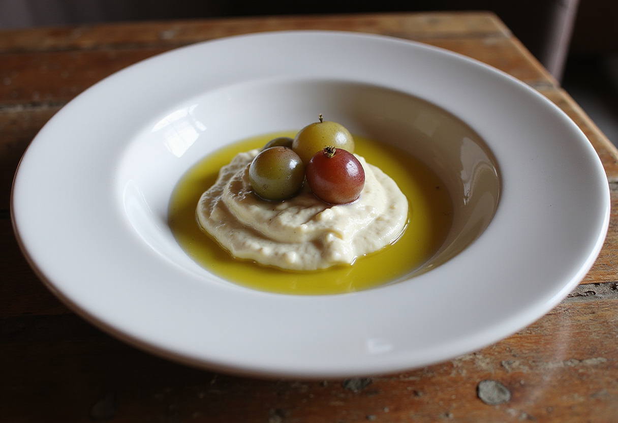 Delicioso ajo blanco con uvas terminado, perfecto como aperitivo español.
