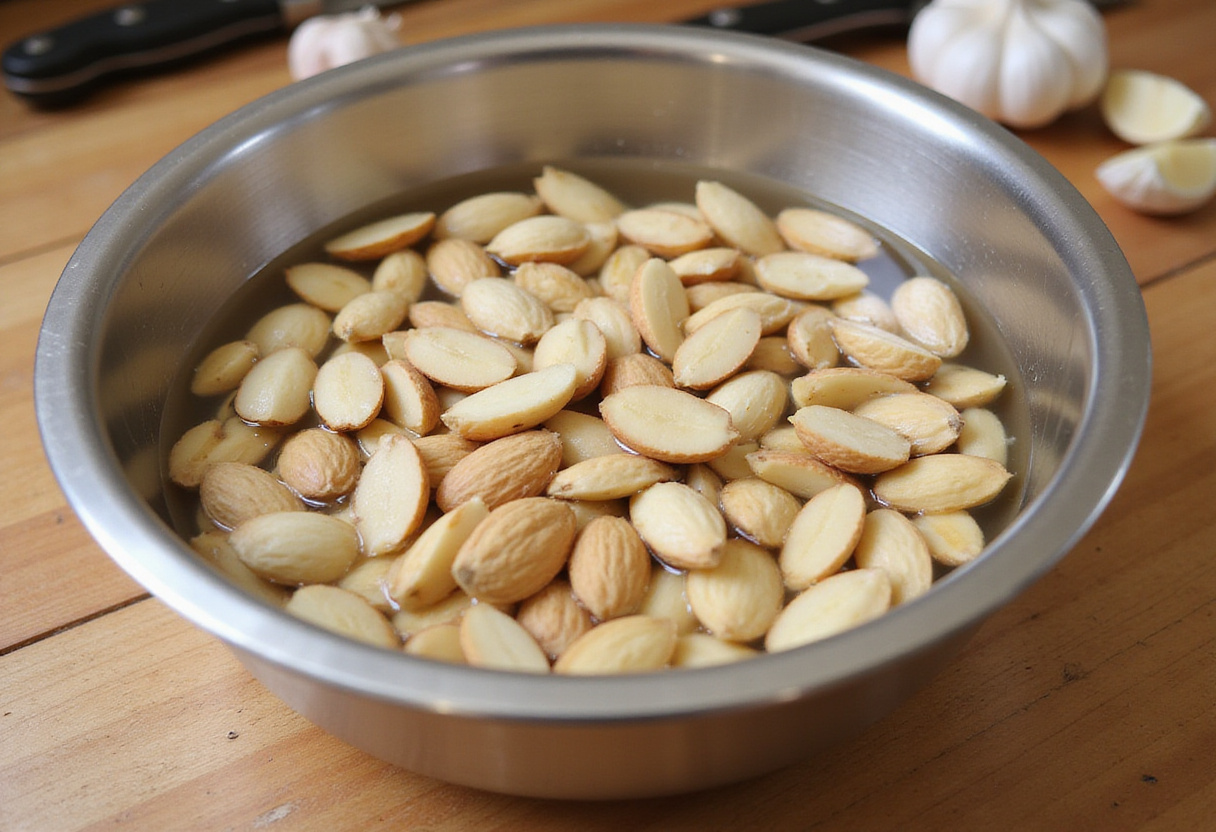 Almendras remojándose para el ajo blanco, una receta tradicional de sopa fría.