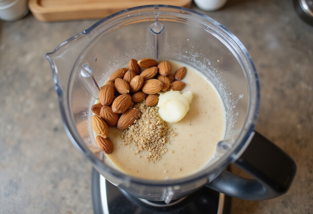 Preparación de los ingredientes de la sopa de ajo blanco en una licuadora para una textura cremosa.