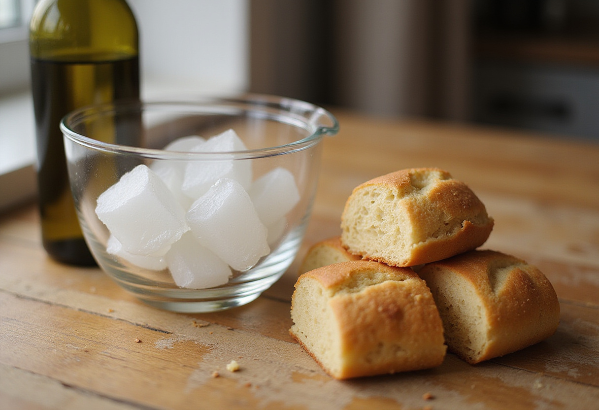 Hielo y cubitos de pan preparados para servir el ajo blanco, una refrescante sopa fría española.