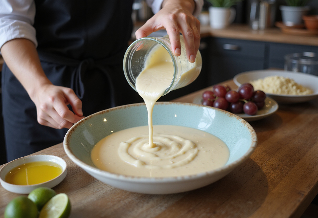 Servir la sopa de ajo blanco con adornos en un tazón, mostrando un típico aperitivo español.