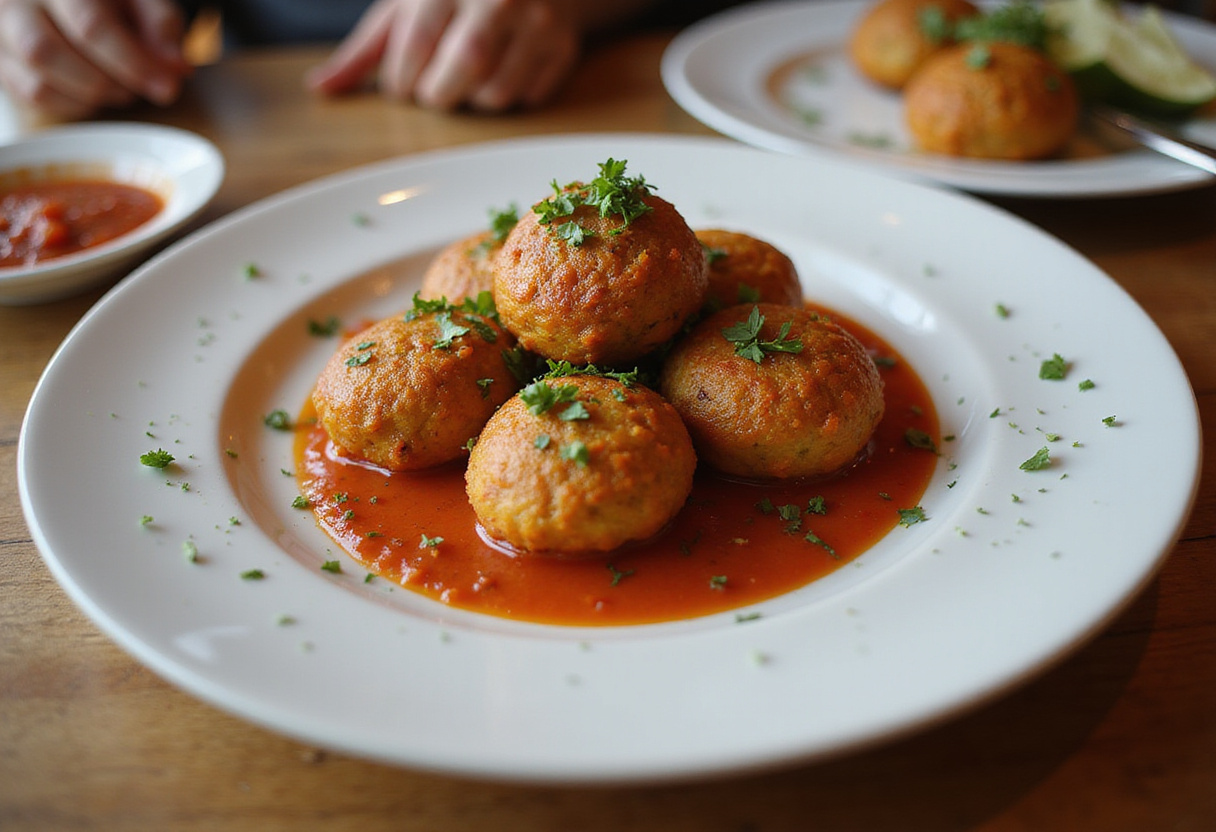 Deliciosas albóndigas sin carne servidas con salsa de tomate, perfectas para una comida saludable.