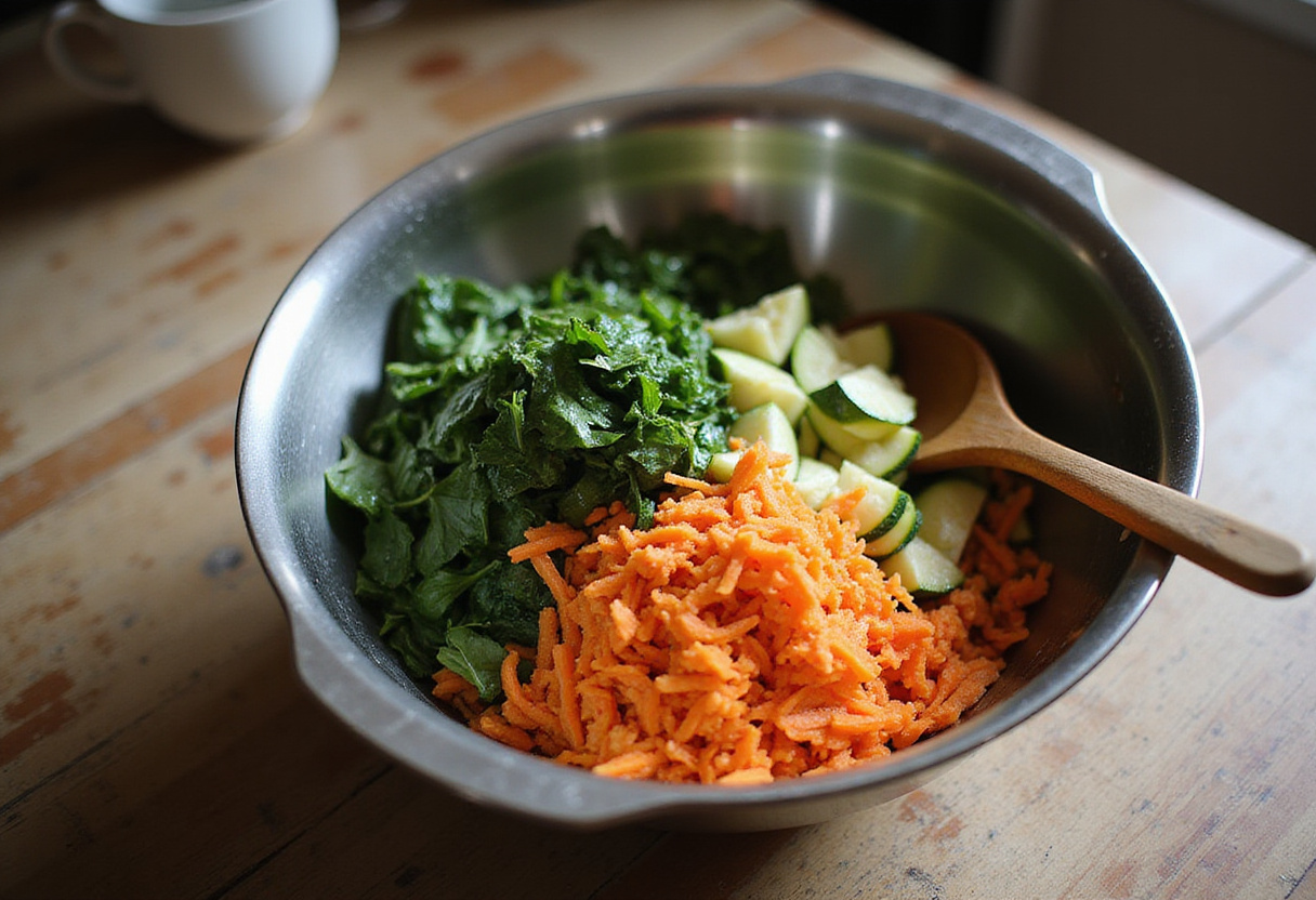 Ingredientes frescos para albóndigas vegetarianas, como zanahorias y calabacines, en un bol.
