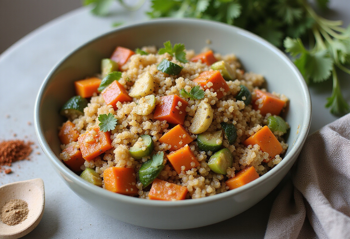 Mezcla de quinoa cocida y verduras para receta de albóndigas de verduras sanas.