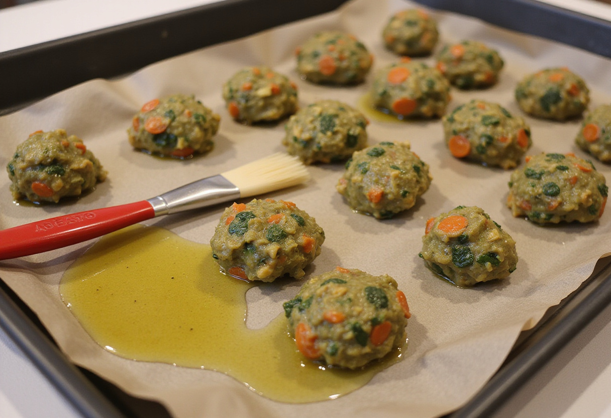 Albóndigas sanas de verduras listas para hornear en una bandeja de horno.