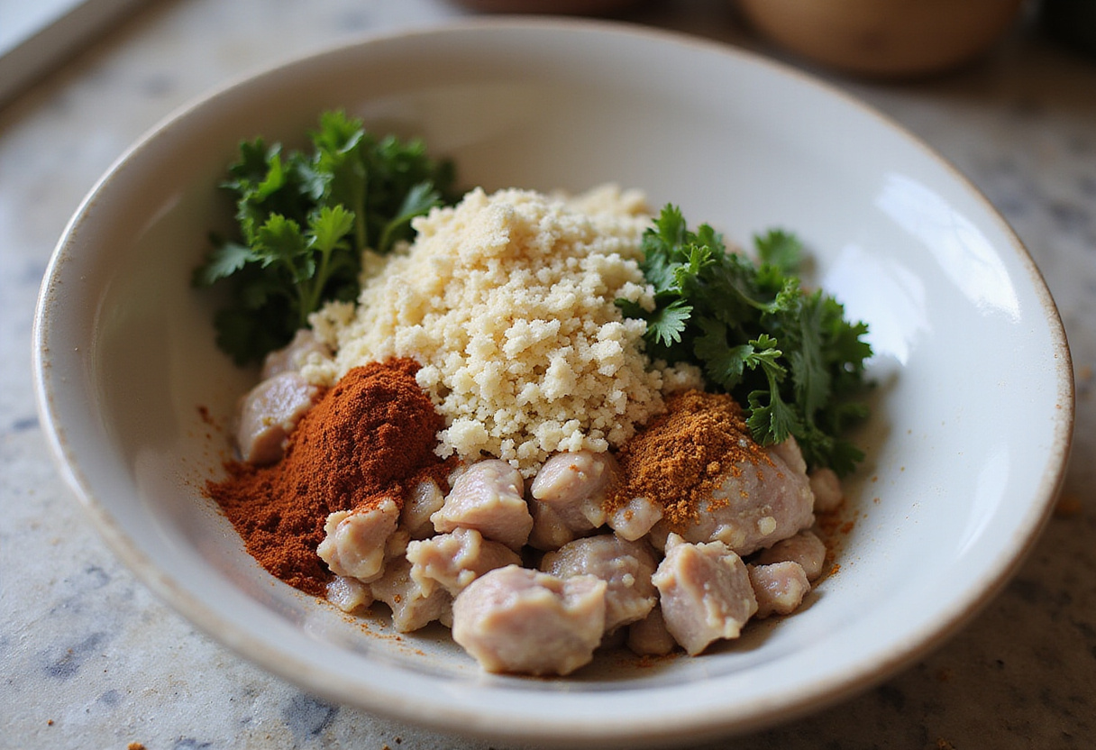 Ingredientes para albóndigas de pavo al horno en un bol de mezcla.