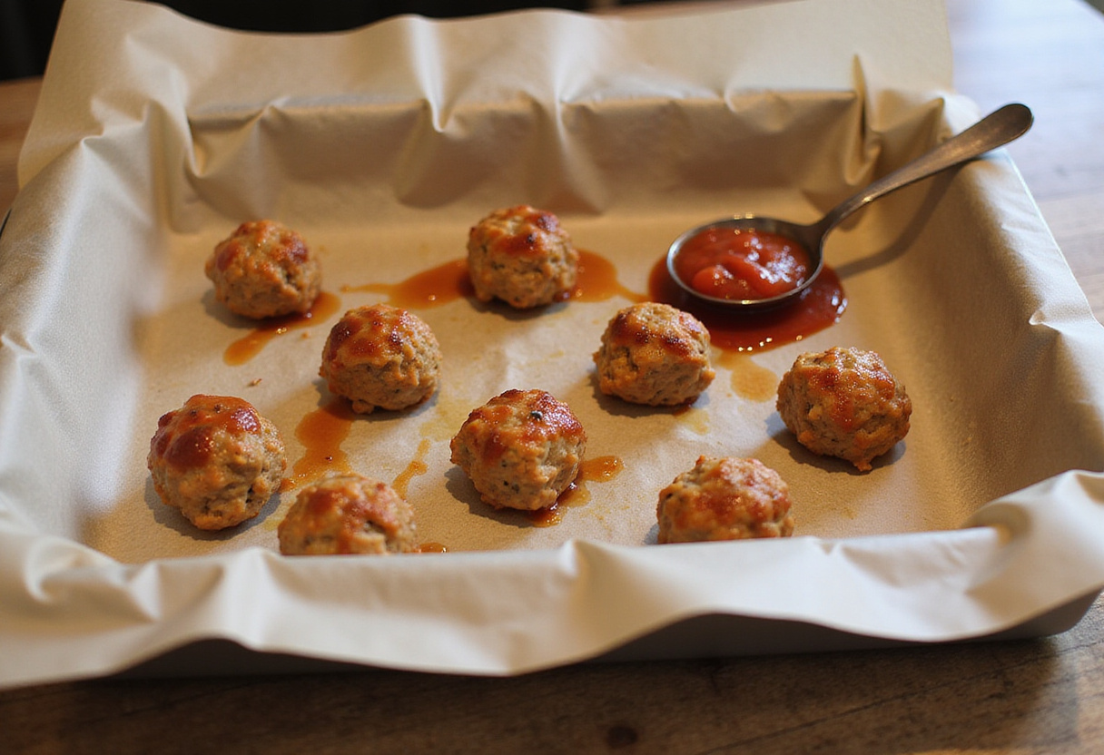 Albóndigas de pavo listas para hornear en un plato con salsa de tomate al lado.