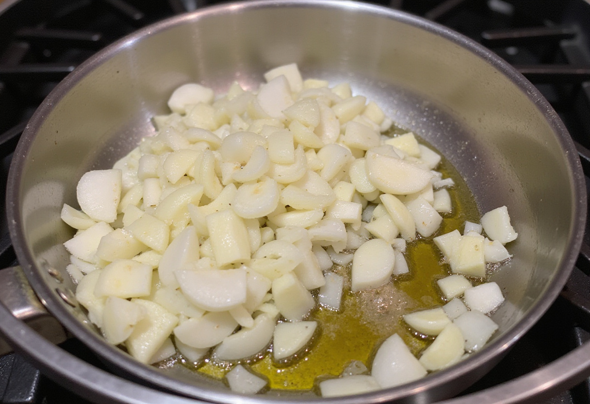 Cebollas y ajo salteados preparándose para alubias con perdiz en una sartén.