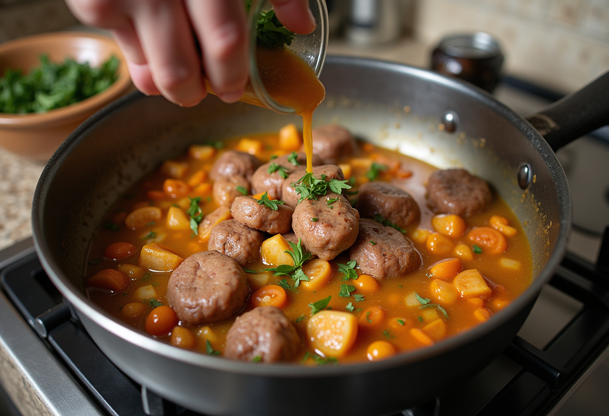 Añadiendo perdiz a las alubias para la receta tradicional de alubias con perdiz.