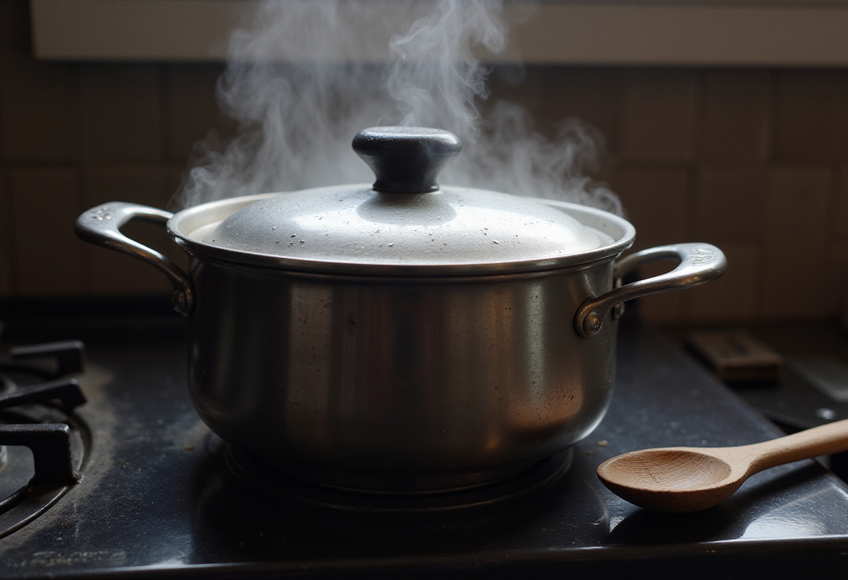 Olla de alubias con perdiz a fuego lento en la estufa, lista para servir.