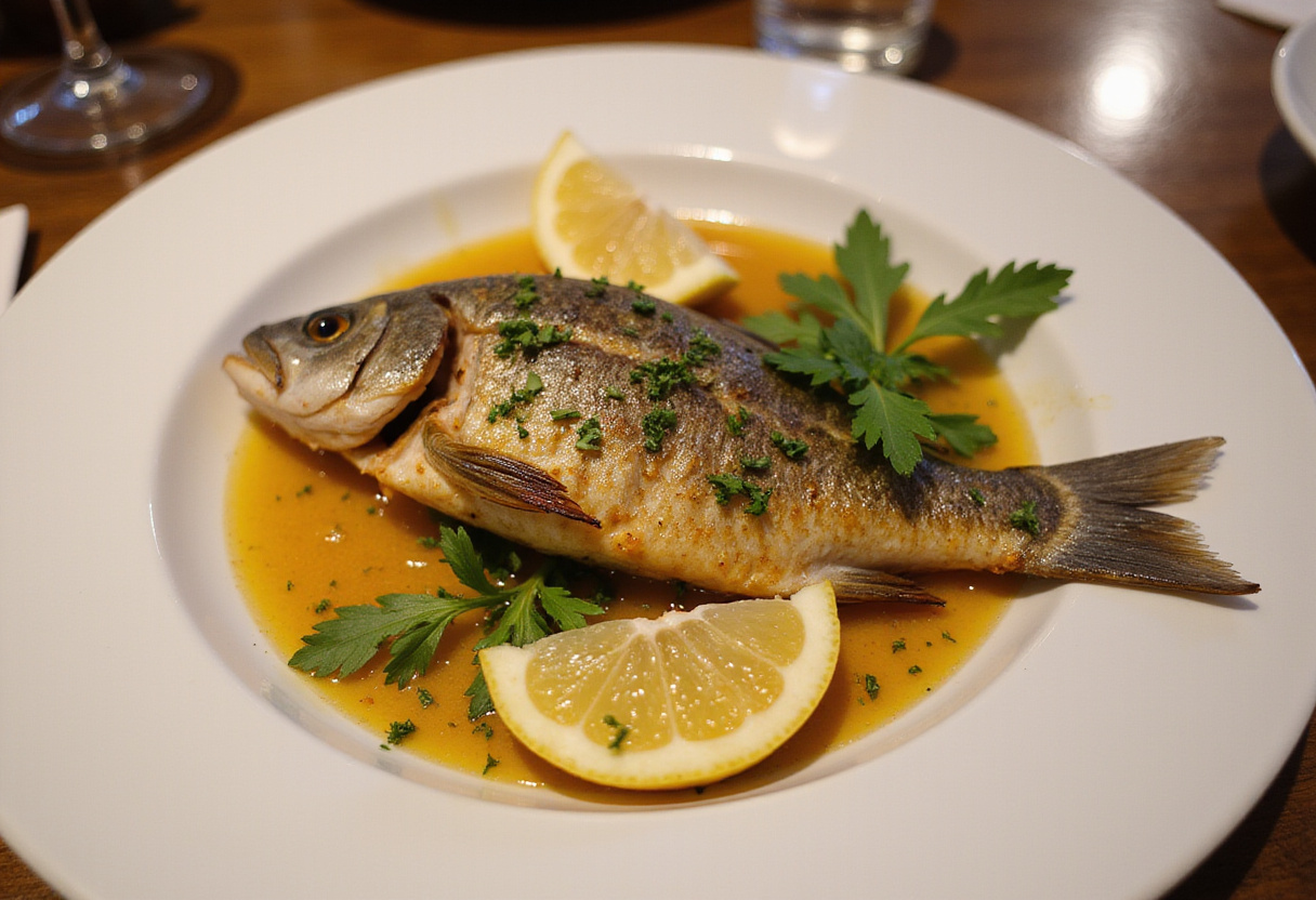 Pescado sazonado perfectamente presentado en un plato, ideal para disfrutar de cómo sazonar pescado.