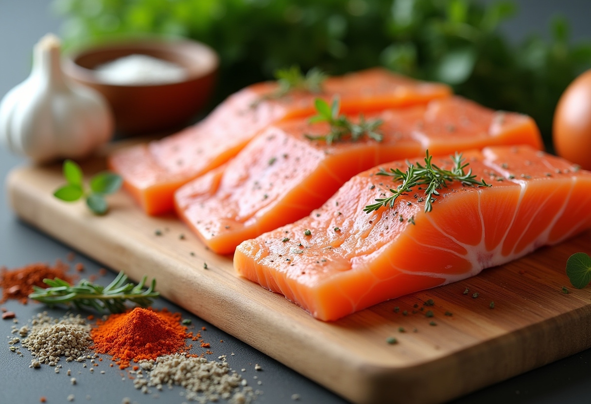 Ingredientes para cómo sazonar pescado, filetes de pescado frescos y especias dispuestas en una tabla de cortar.