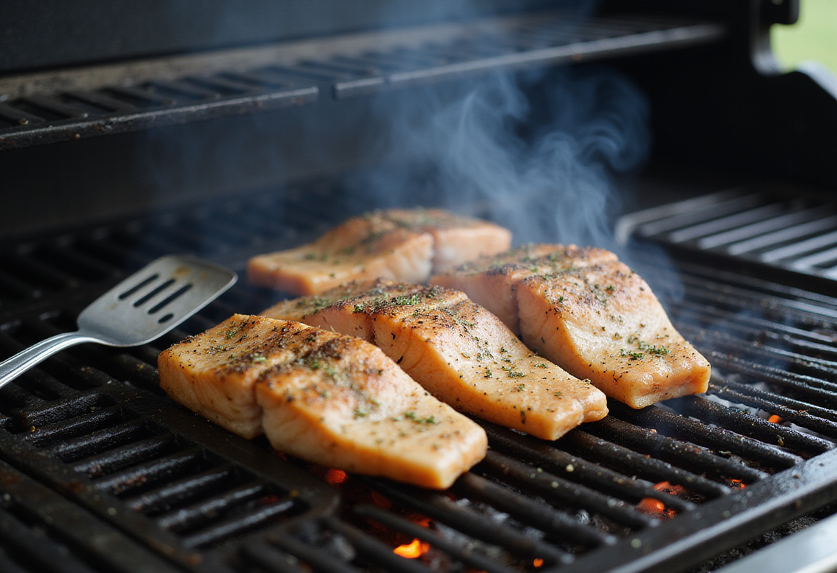 Filetes de pescado sazonados colocados en una parrilla caliente, listos para cocinar según la técnica de sazonar pescado.
