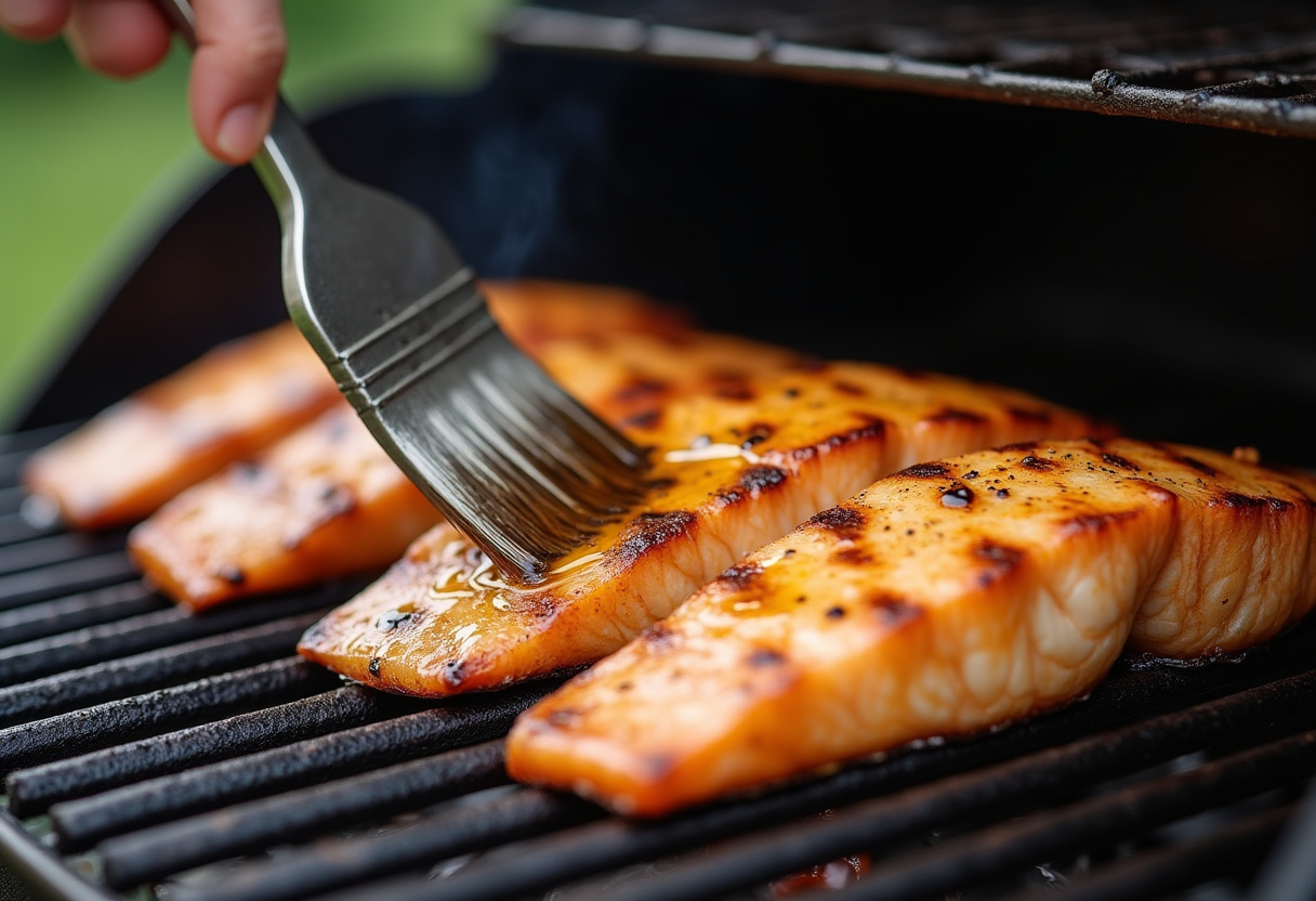 Filetes de pescado asados a la parrilla siendo untados con aceite de oliva para mejorar la sazonación.