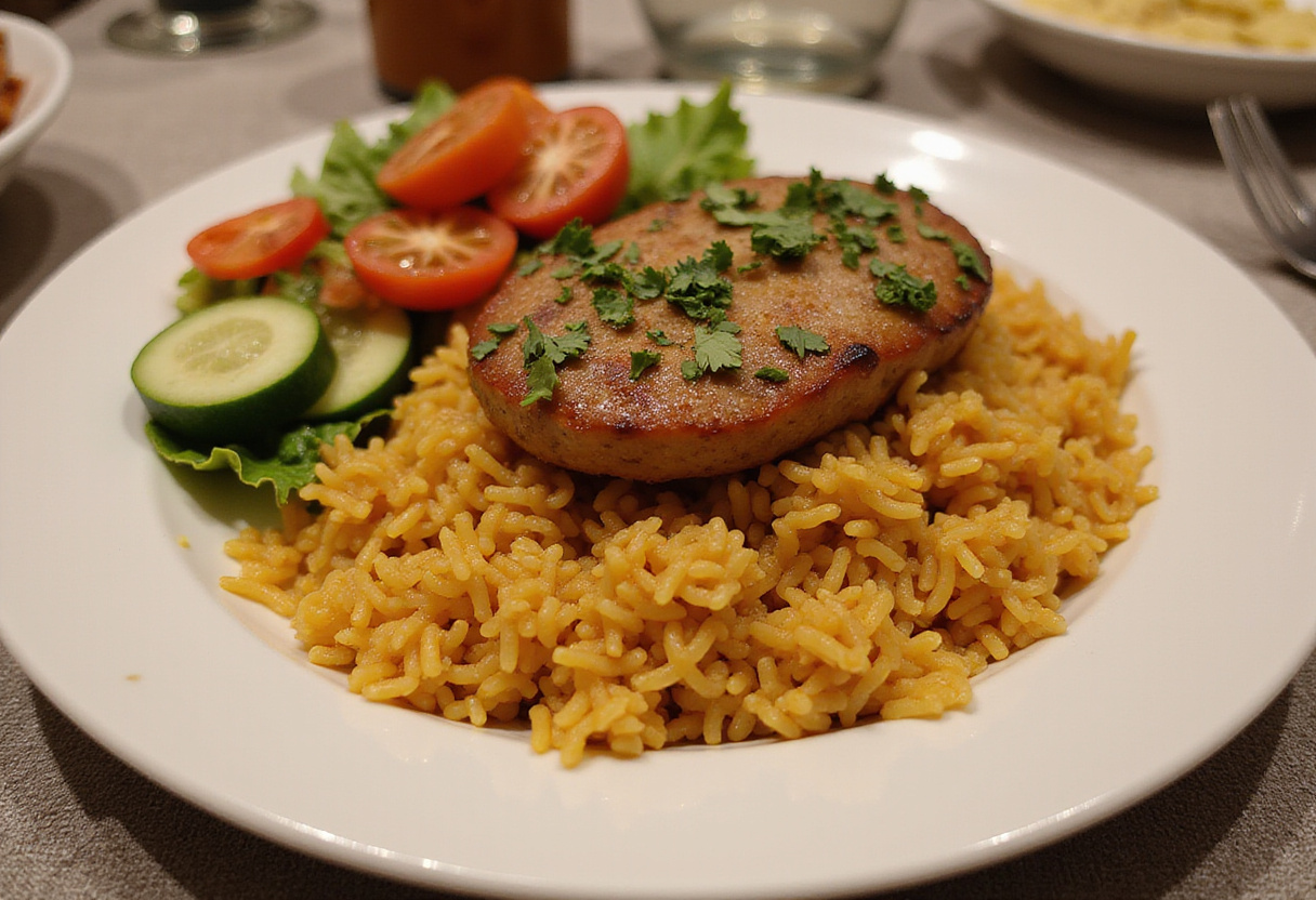 Plato servido de arroz con solomillo jugoso, ideal para disfrutar en una comida tradicional.