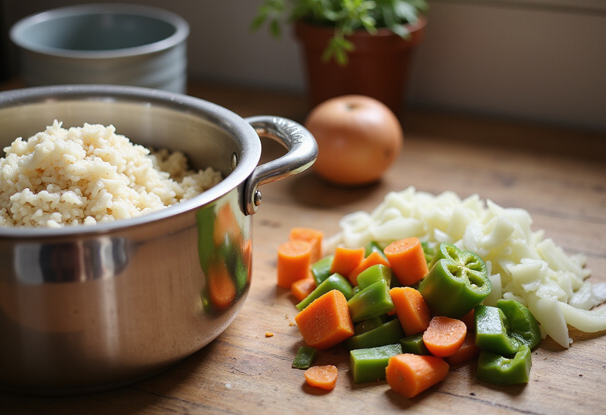 Preparación de arroz con solomillo con arroz y vegetales picados listos para cocinar.