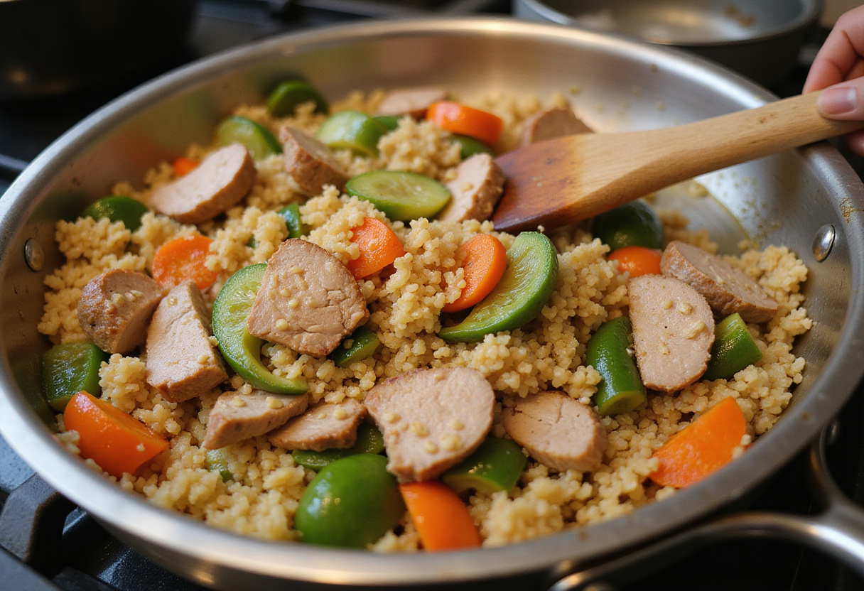 Mezcla de arroz, vegetales y solomillo en la receta de arroz con solomillo jugoso.