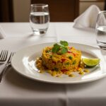 Finished arroz crujiente with atún or gambas picantes, beautifully garnished for a delightful meal.