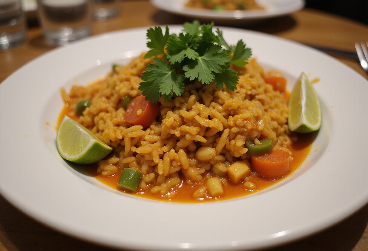 Finished arroz crujiente with atún or gambas picantes, beautifully garnished for a delightful meal.