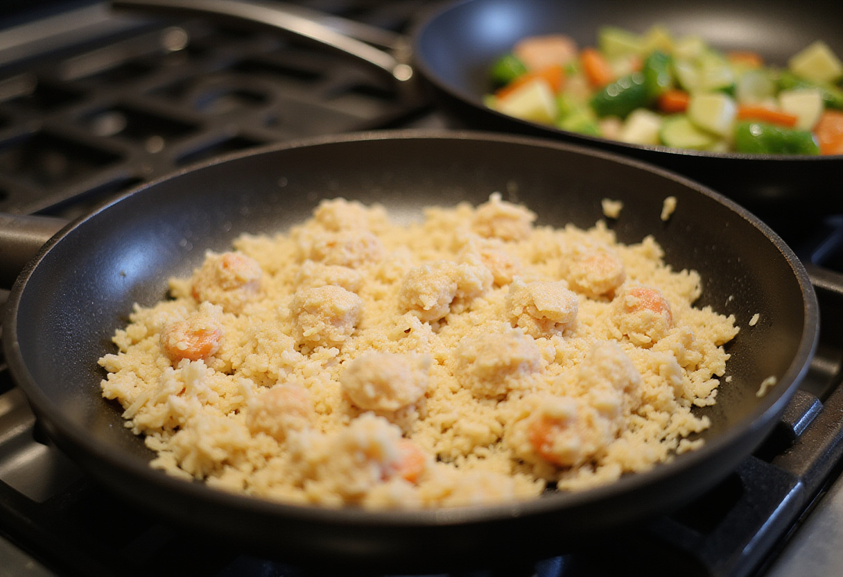 Crispy rice being prepared for the arroz crujiente recipe with sautéed vegetables.